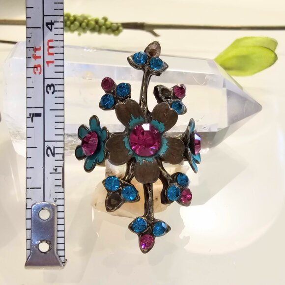 Vintage Michal Negrin Swarovski Teal Floral RIng - Picture 2 of 7